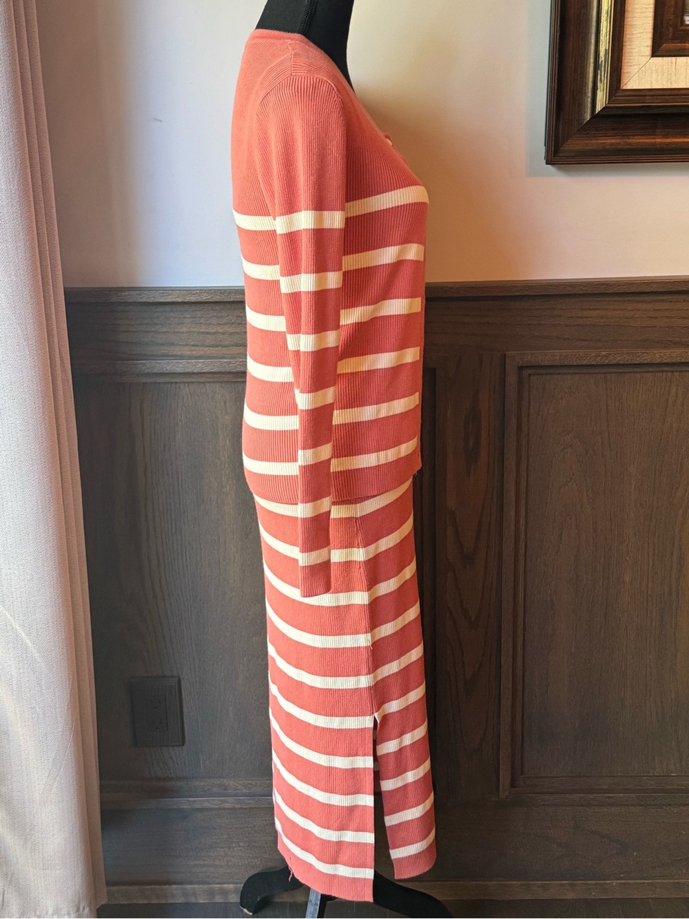 Time and Tru Coral and Cream Striped Knit Maxi Dress with Cardigan small Euc - Picture 5 of 10